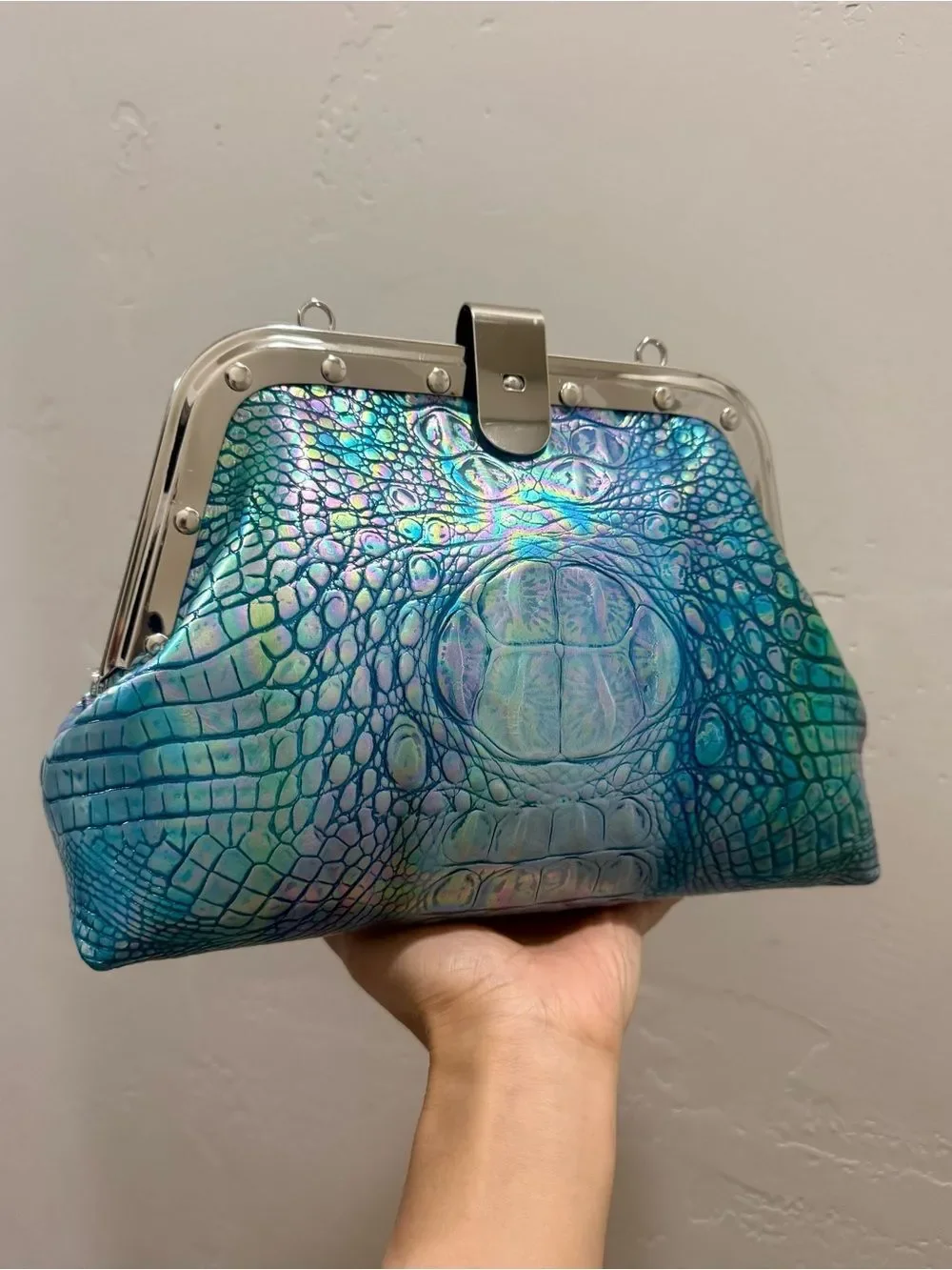 Iridescent Croc-Embossed Cowhide Handmade Unique Rivet Frame Bag, Large Size